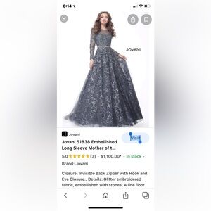 Jovani Embellished Long Sleeve Gown - Charcoal